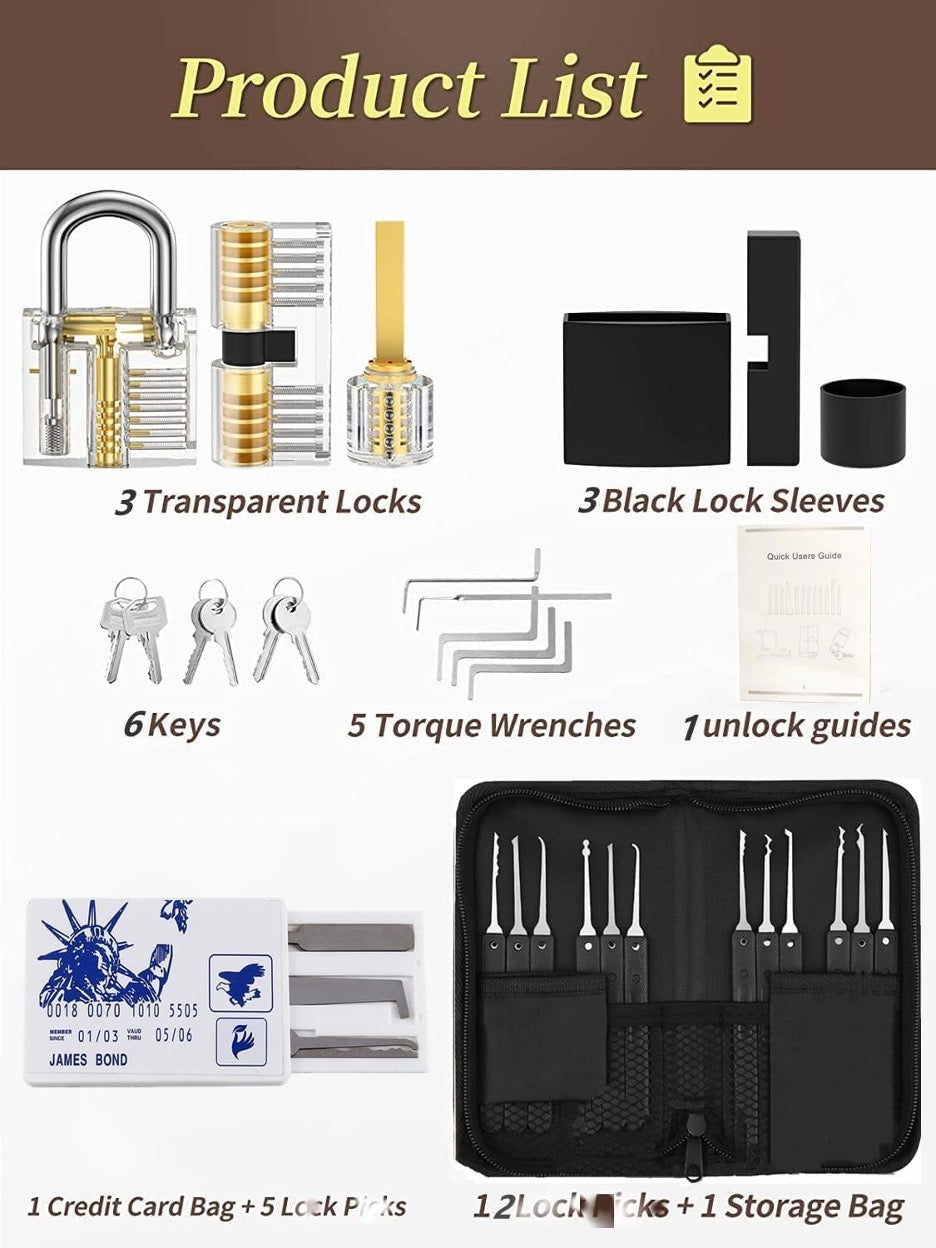 Beginner Lock Picking Kit – 34-Piece Set with Steel Picks & Transparent Practice Locks